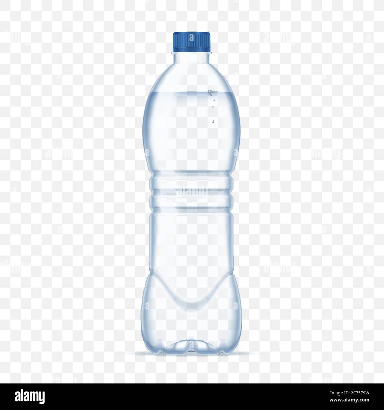 Kunststoff-Flasche mit Mineralwasser mit blauen Kappe auf transparenten Hintergrund. Realistische Flasche Mock-up-Vektor-Illustration. Stock Vektor