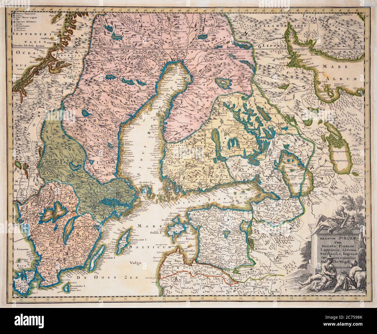 Christoph Weigel der Ältere (1654-1725) war ein deutscher Kartograph, Kupferstecher und Verleger. Dies ist seine Karte "Regnum Sveciae Cum Ducatu Finniae, Lapp Stockfoto