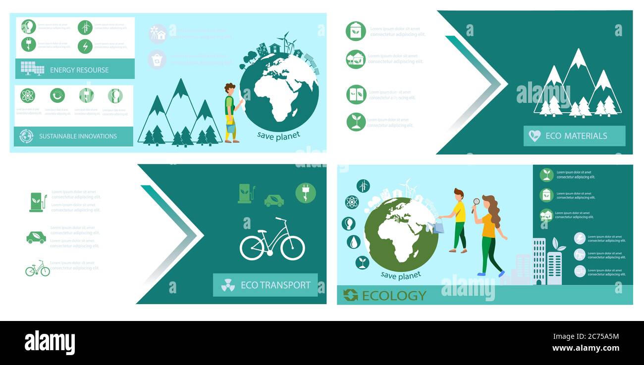 Ökologie Banner Set Vorlage Vektor. Erde, Energie, Ökotransport und nachhaltige Materialien. Grünes Info-Symbol Stockfoto