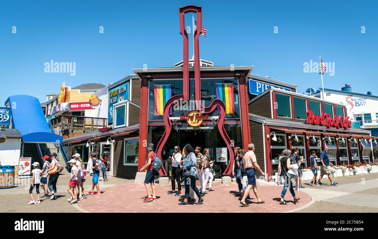 San Francisco, Kalifornien, USA - August 2019: Hard Rock Cafe Restaurant in Fisherman's Wharf Stockfoto