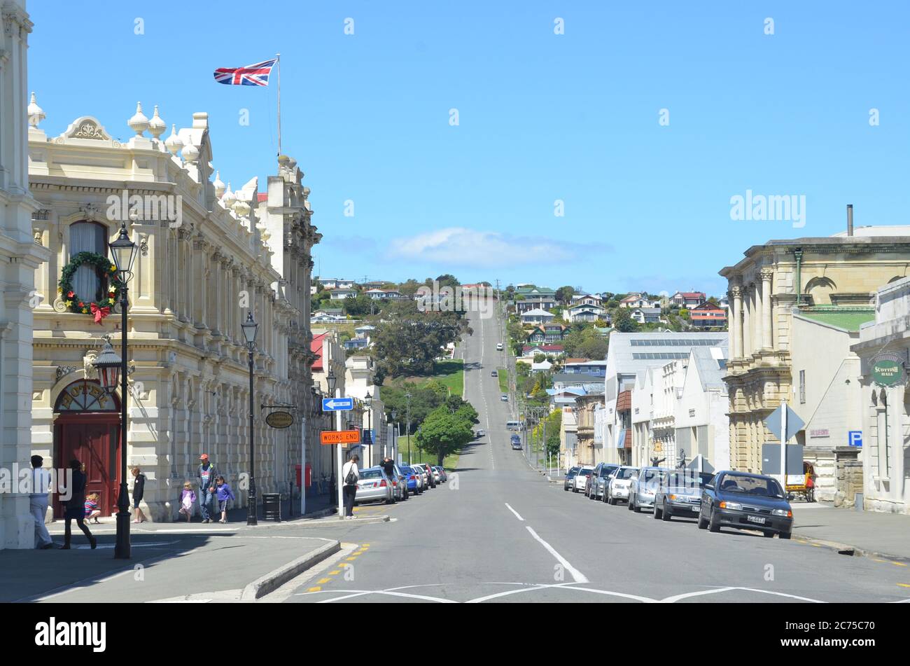Oamaru ist die größte Stadt im Waitaki District; am bekanntesten für seine Pinguinkolonie und Kalksteinarchitektur des viktorianischen Bezirks. Stockfoto