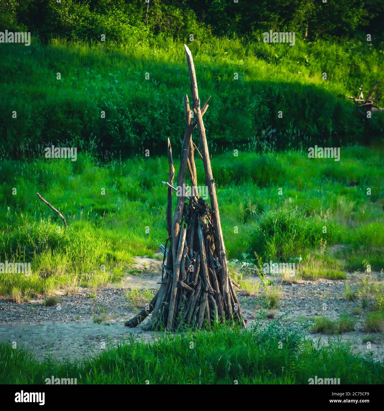 Auf dem Sand steht ein Holzstapel von trockenen Ästen. Große Brandvorbereitung. Mittsommer Ligo Feier. Stockfoto