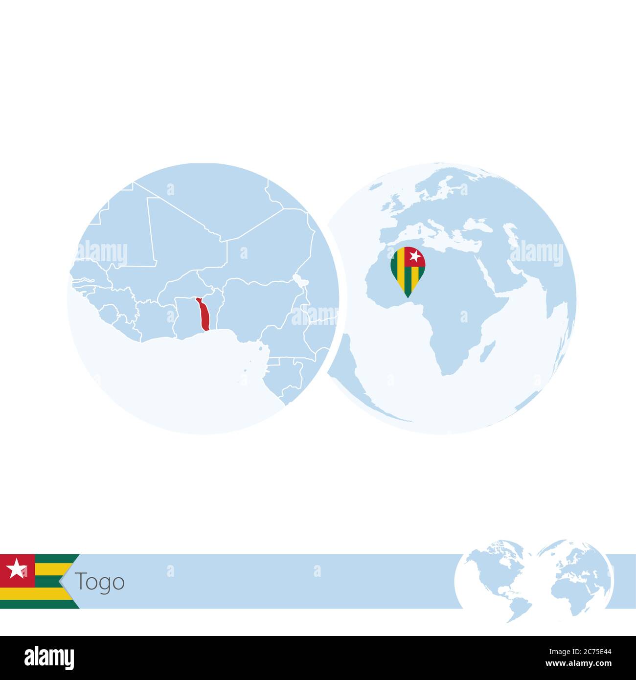 Togo auf Weltkugel mit Flagge und regionaler Landkarte von Togo