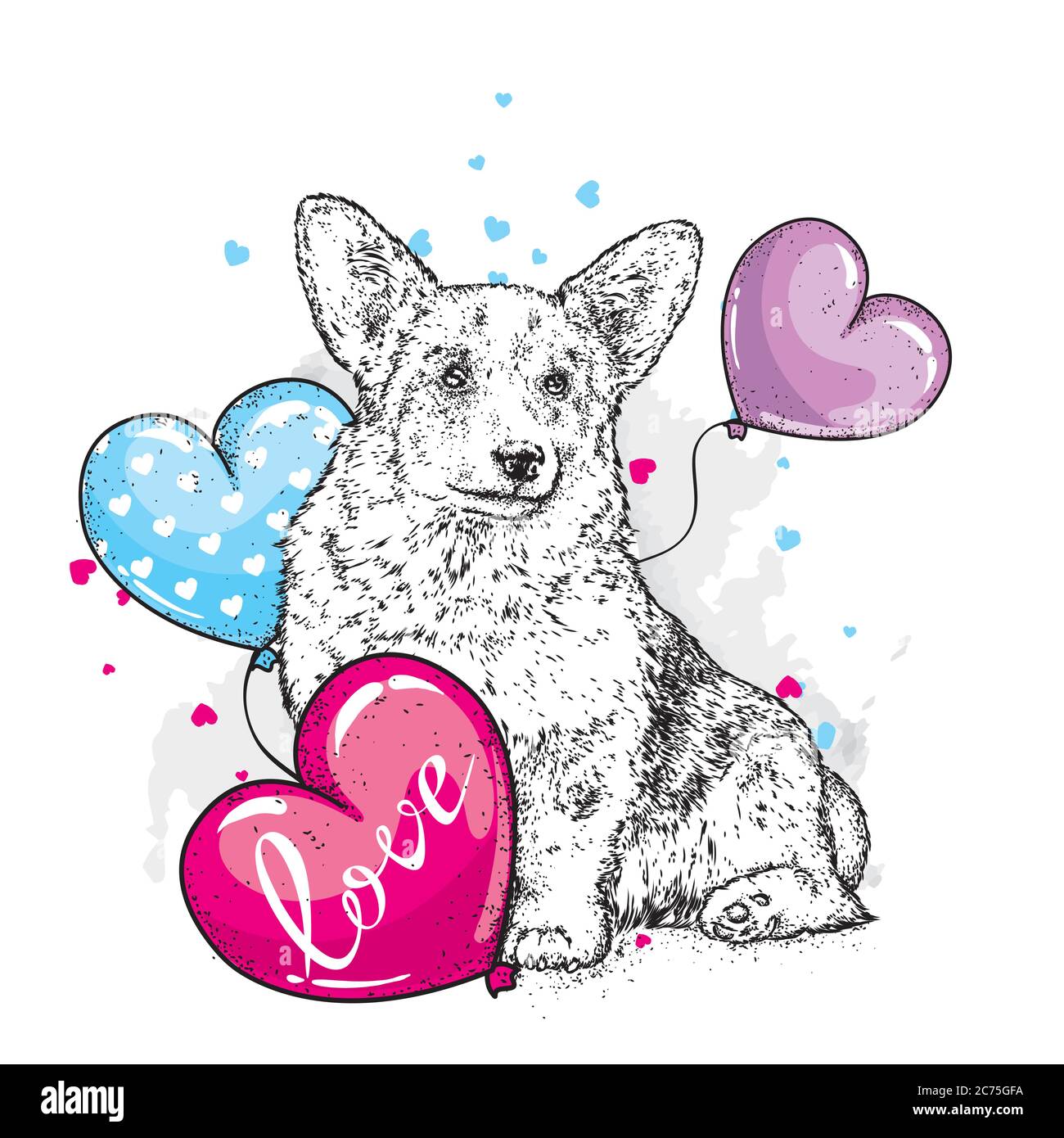 Niedlicher Hund mit Herzen, Brille und Krawatte. Vektor-Illustration für eine Postkarte oder ein Poster, Druck für Kleidung. Valentinstag, Liebe und Freundschaft. Rein Stock Vektor