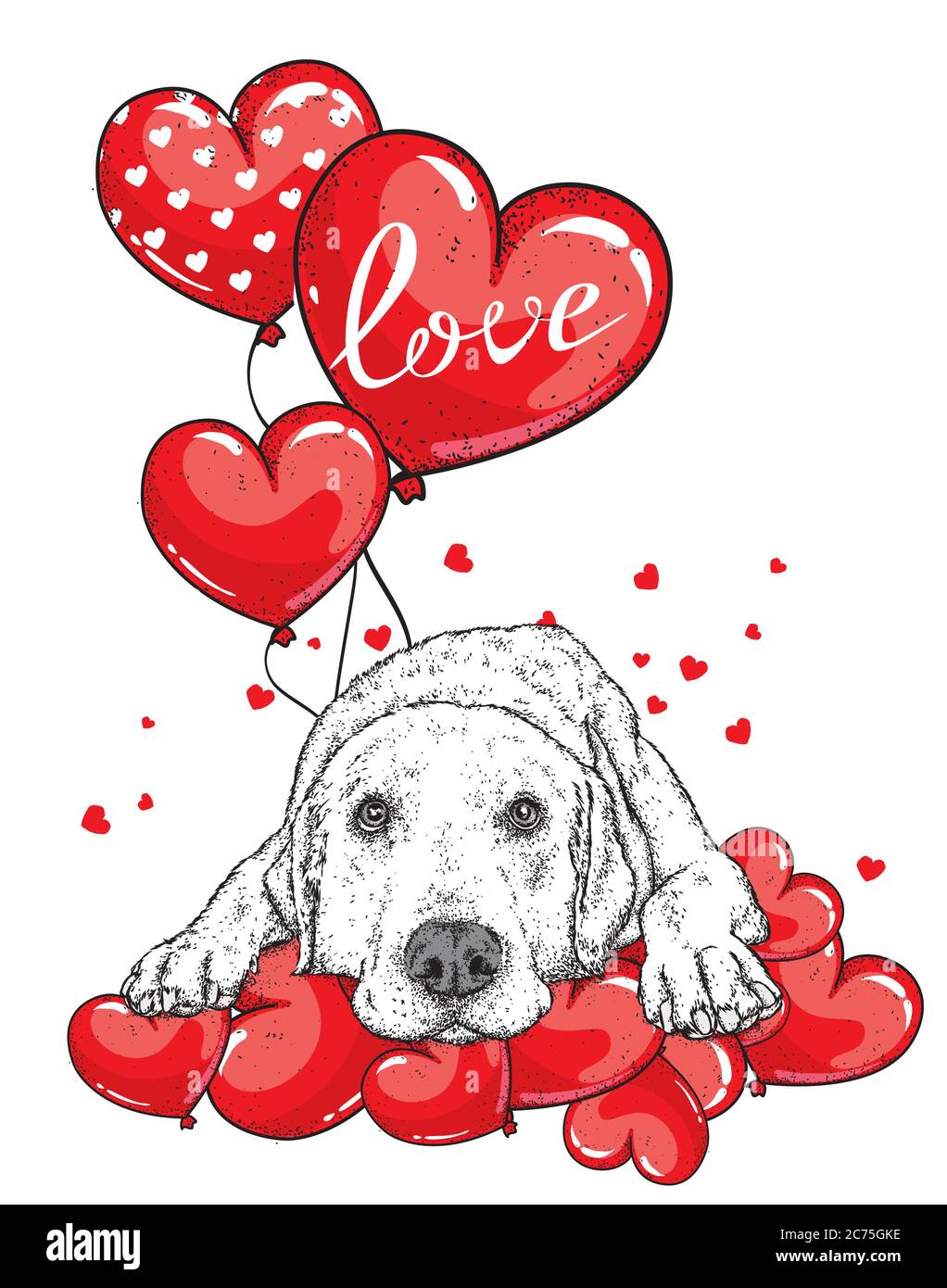 Niedlicher Hund mit Herzen, Brille und Krawatte. Vektor-Illustration für eine Postkarte oder ein Poster, Druck für Kleidung. Valentinstag, Liebe und Freundschaft. Rein Stock Vektor