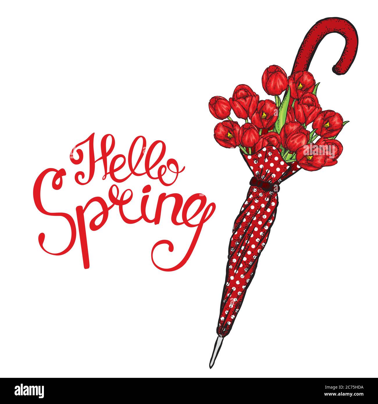 Vintage Regenschirm und ein schönes Bouquet von Tulpen. Vektorgrafik. Frühlingsblumen. Stock Vektor