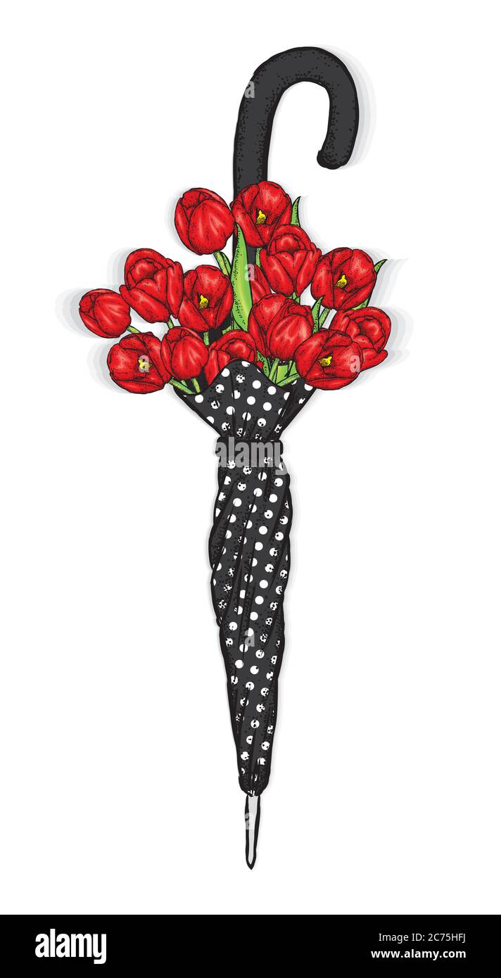 Vintage Regenschirm und ein schönes Bouquet von Tulpen. Vektorgrafik. Frühlingsblumen. Stock Vektor