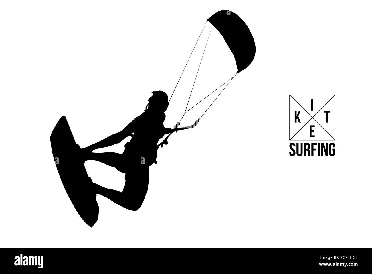 Kitesurfen und Kiteboarding. Silhouette eines Kitesurfers. Mann in einem Sprung führt einen Trick. Große Konkurrenz. Vektorgrafik. Danke für die Wachin Stock Vektor