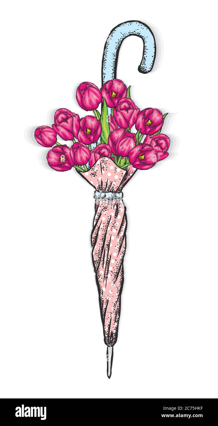 Vintage Regenschirm und ein schönes Bouquet von Tulpen. Vektorgrafik. Frühlingsblumen. Stock Vektor