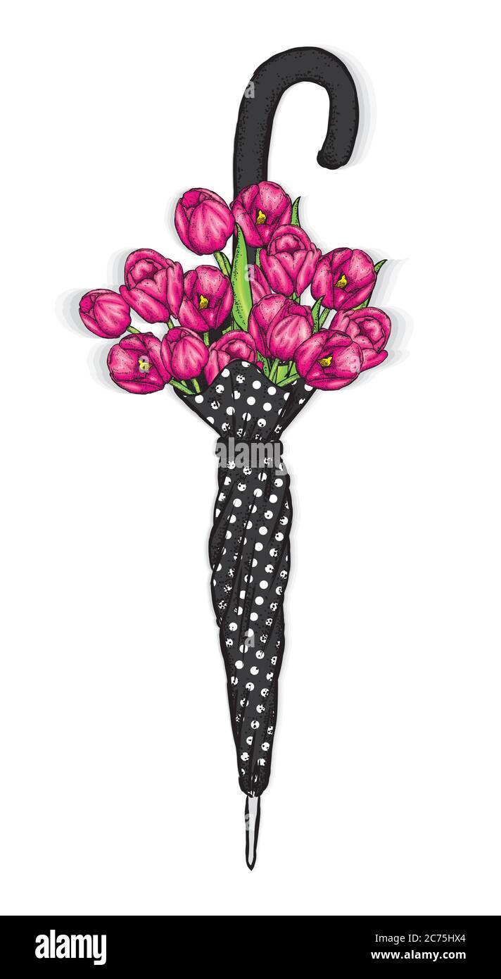 Vintage Regenschirm und ein schönes Bouquet von Tulpen. Vektorgrafik. Frühlingsblumen. Stock Vektor