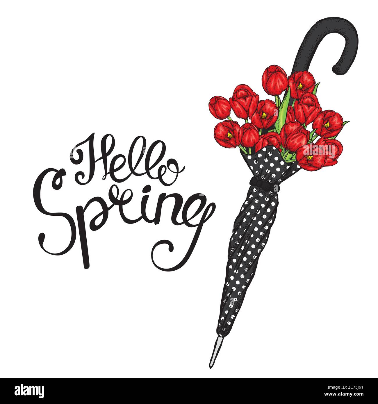 Vintage Regenschirm und ein schönes Bouquet von Tulpen. Vektorgrafik. Frühlingsblumen. Stock Vektor