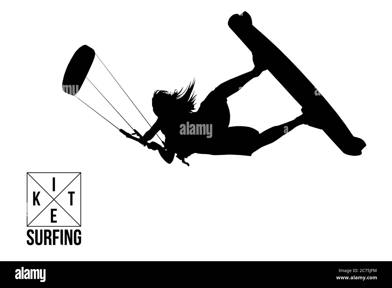 Kitesurfen und Kiteboarding. Silhouette eines Kitesurfers. Frau in einem Sprung führt einen Trick. Große Konkurrenz. Vektorgrafik. Danke für die Uhr Stock Vektor