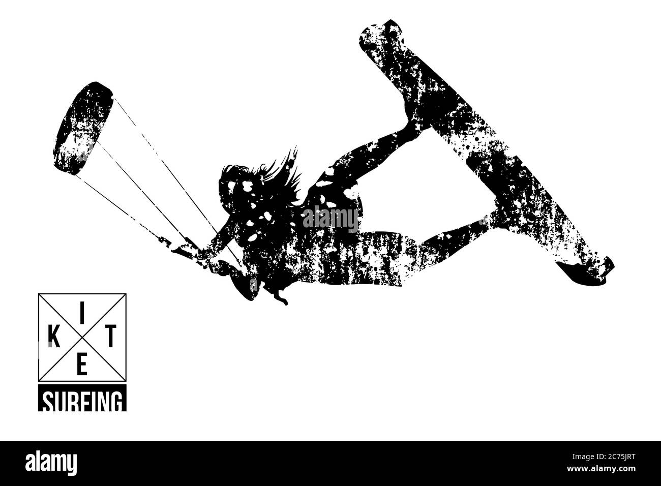 Kitesurfen und Kiteboarding. Silhouette eines Kitesurfers. Frau in einem Sprung führt einen Trick. Große Konkurrenz. Vektorgrafik. Danke für die Uhr Stock Vektor