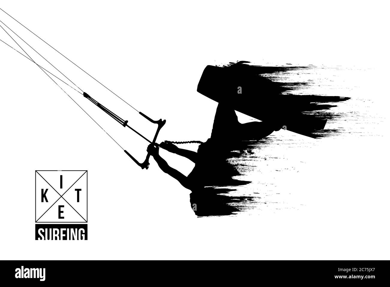 Kitesurfen und Kiteboarding. Silhouette eines Kitesurfers. Mann in einem Sprung führt einen Trick. Große Konkurrenz. Vektorgrafik. Danke für die Wachin Stock Vektor