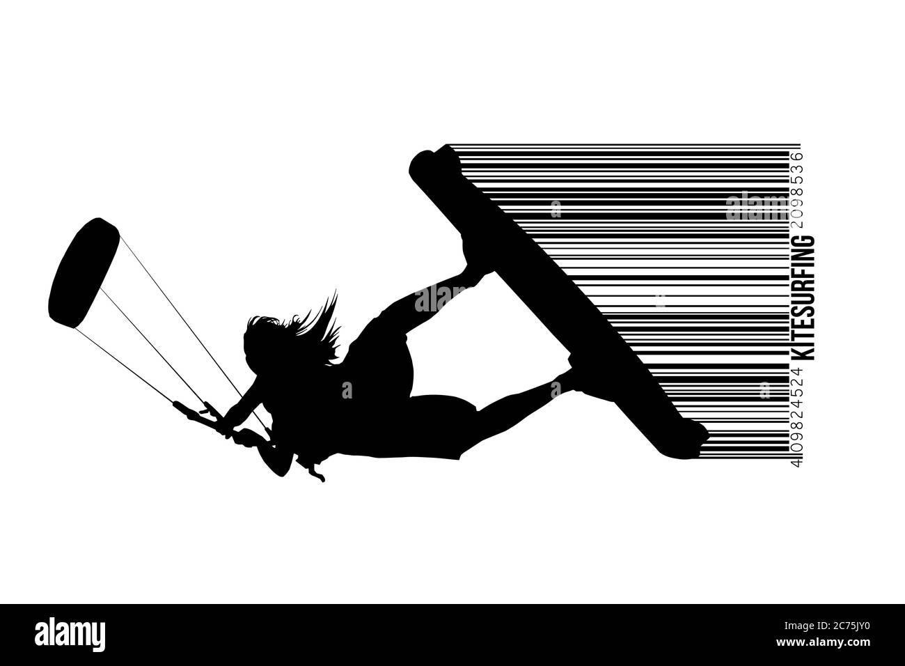 Kitesurfen und Kiteboarding. Silhouette eines Kitesurfers. Frau in einem Sprung führt einen Trick. Große Konkurrenz. Vektorgrafik. Danke für die Uhr Stock Vektor