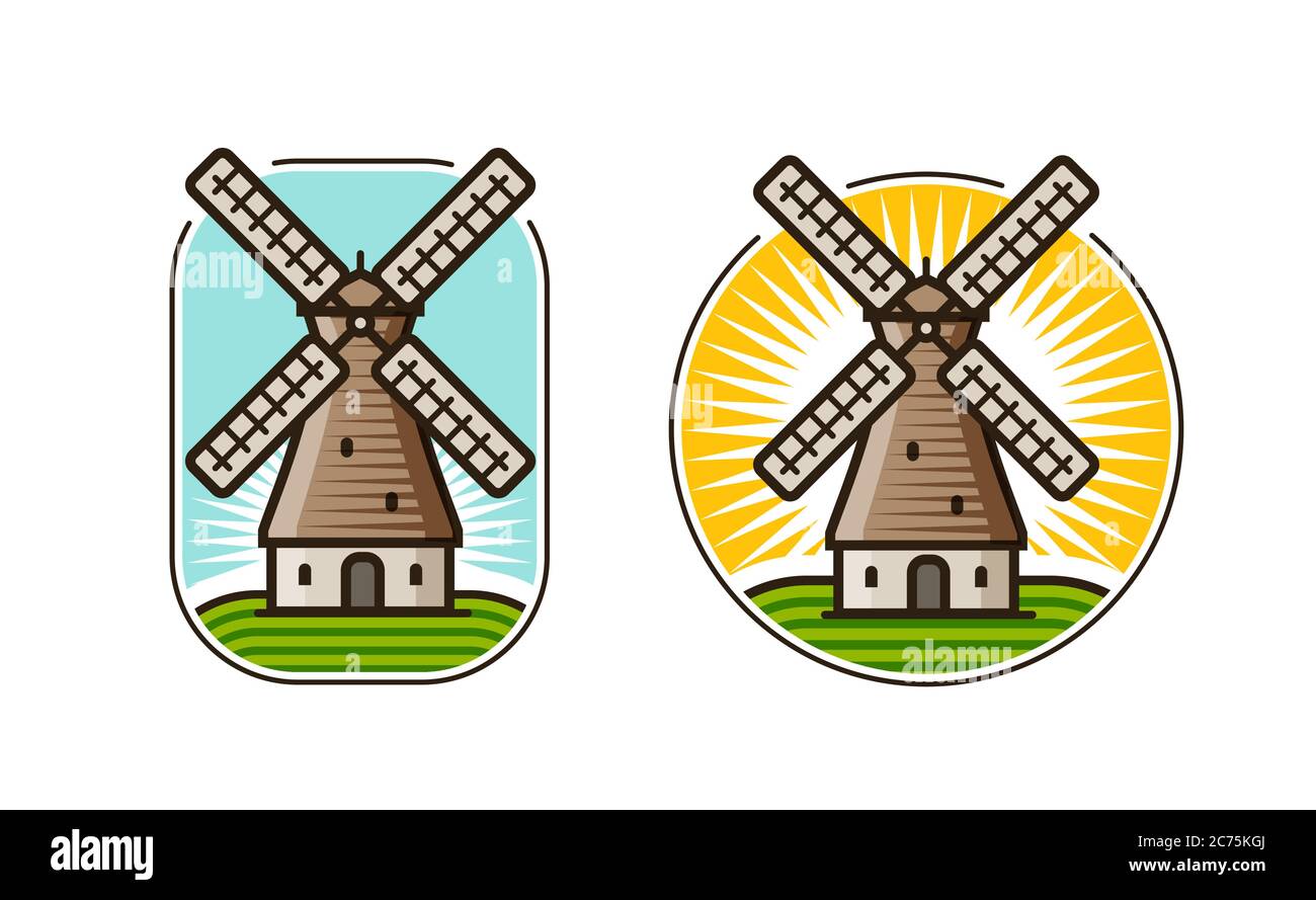Windmühle Logo oder Symbol. Landwirtschaft, Bauernhof, Lebensmittelkonzept Stock Vektor