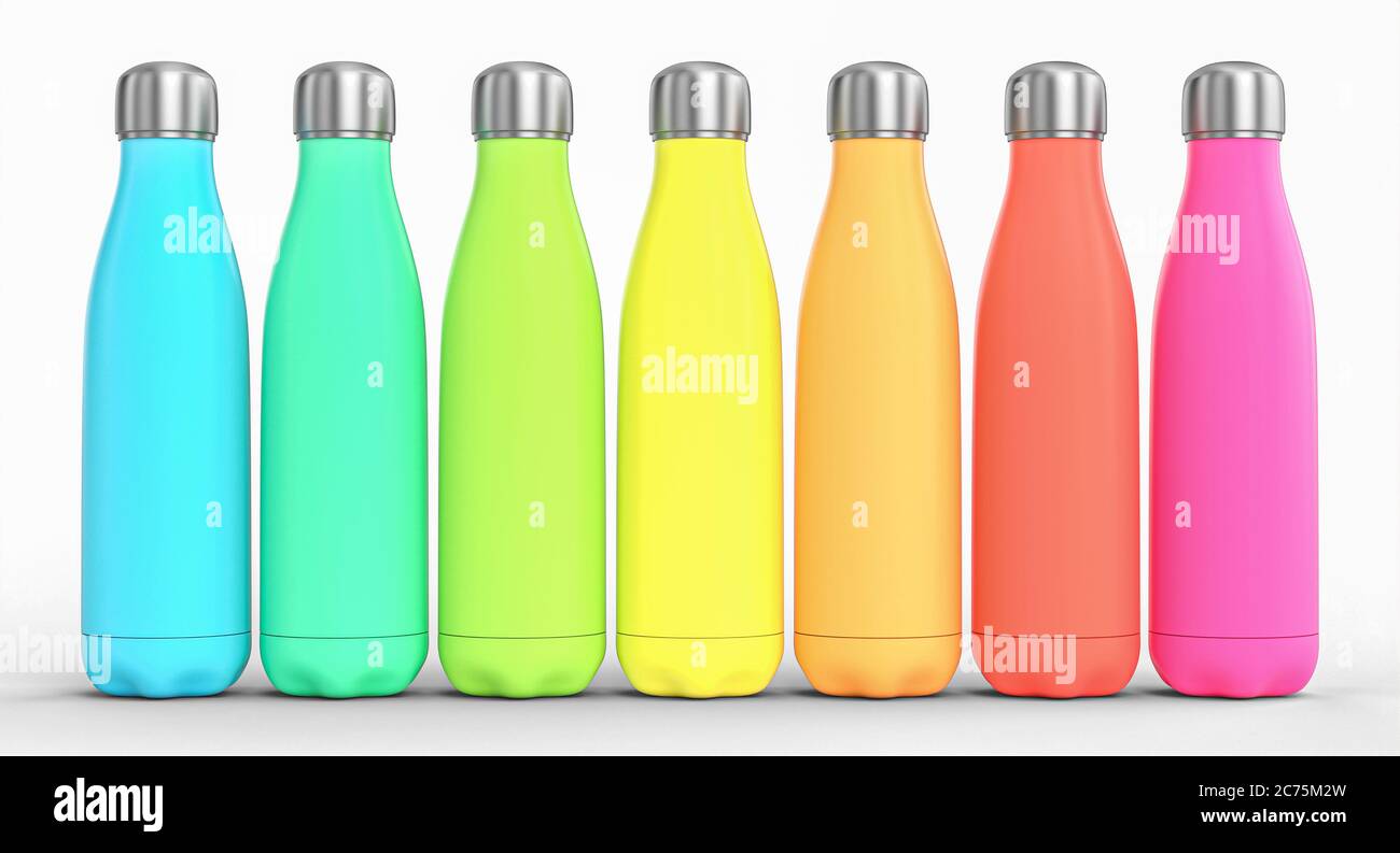 Edelstahlflaschen mit verschiedenen Farben auf weißem Hintergrund. 3d-Rendering Stockfoto