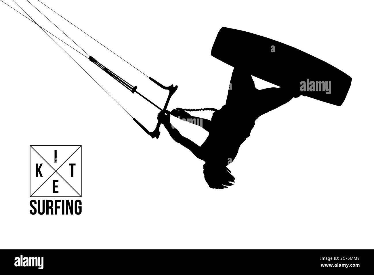 Kitesurfen und Kiteboarding. Silhouette eines Kitesurfers. Mann in einem Sprung führt einen Trick. Große Konkurrenz. Vektorgrafik. Danke für die Wachin Stock Vektor