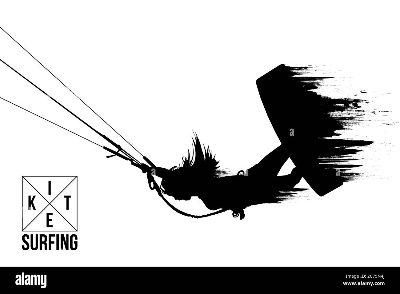 Kitesurfen und Kiteboarding. Silhouette eines Kitesurfers. Frau in einem Sprung führt einen Trick. Große Konkurrenz. Vektorgrafik. Danke für die Uhr Stock Vektor