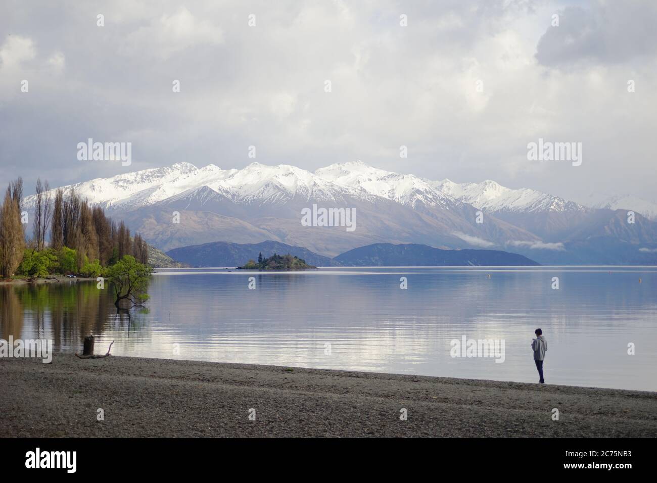 Von einem herrlichen Südlichen Alpen der Südinsel, ein einsamer Baum gerahmt ist erwachsen geworden seine Flügel direkt an der Küste am südlichen Ende des Lake Wanaka zu verbreiten. Kn Stockfoto