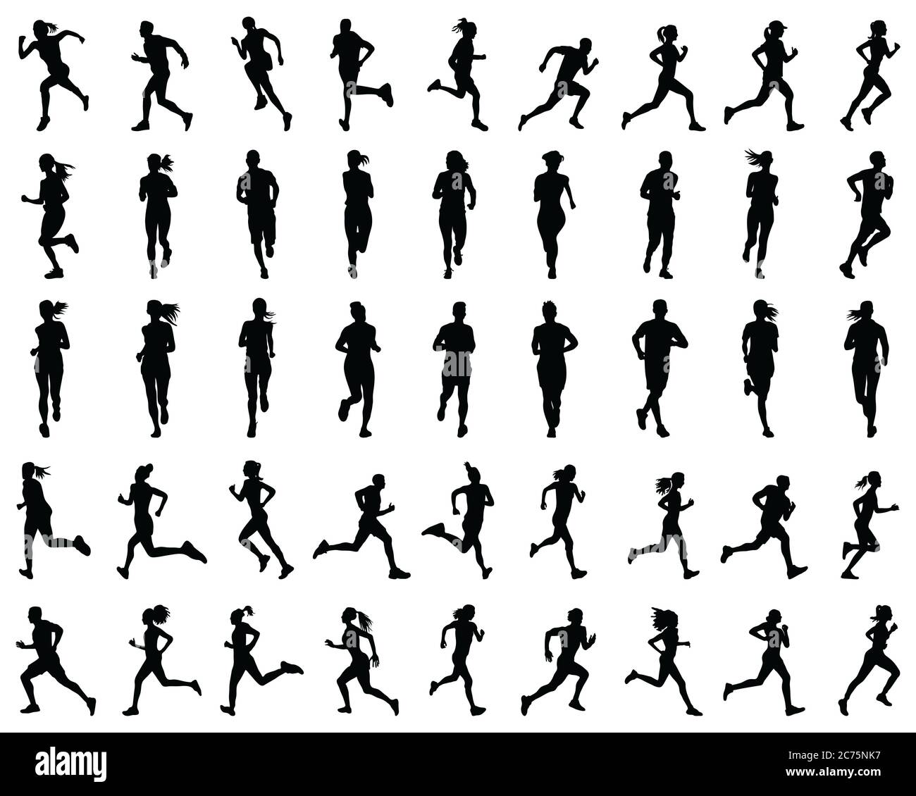 Schwarze Silhouetten von Läufern auf weißem Hintergrund Stockfoto