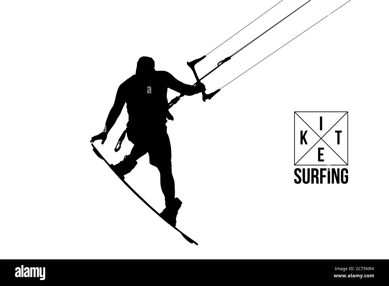 Kitesurfen und Kiteboarding. Silhouette eines Kitesurfers. Mann in einem Sprung führt einen Trick. Große Konkurrenz. Vektorgrafik. Danke für die Wachin Stock Vektor