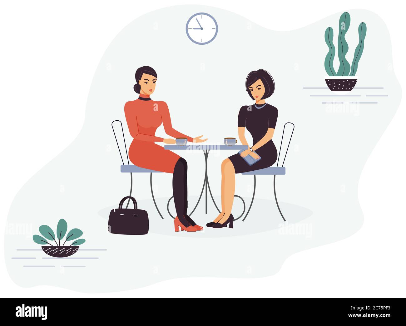 Zwei nette lustige, intelligente, schöne Frauen Kollegen sitzen in einem Café an einem Tisch, reden und trinken Kaffee oder Tee in der Pause. Trendy grün Home p Stock Vektor