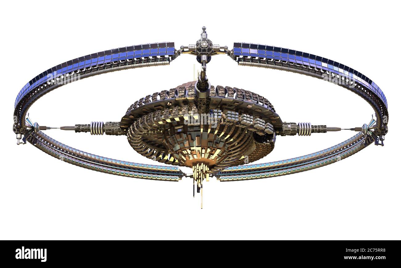 3D detailliertes Gravitationsrad Raumschiff für futuristische Kriegsspiele oder Science-Fiction Hintergründe mit dem Clipping-Pfad in der Abbildung enthalten. Stockfoto