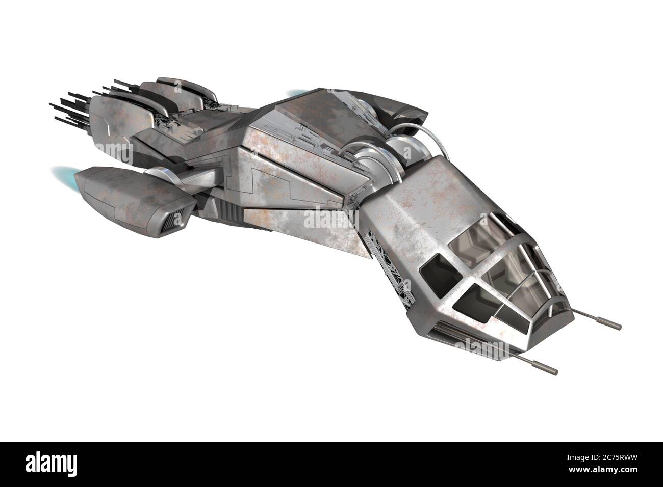 Intergalaktisches 3D-Raumschiff für futuristische Tiefraumreisen oder Science-Fiction-Hintergründe, mit dem in der Abbildung enthaltenen Clipping-Pfad. Stockfoto