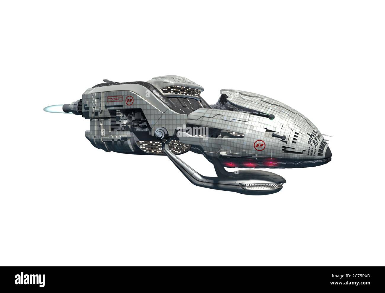 Interstellare 3D-Drohne für militärische Zwecke mit Nachbrenner-Triebdüsen für futuristische Tiefraumreisen oder Science-Fiction-Hintergründe mit dem Clipping-Pat Stockfoto