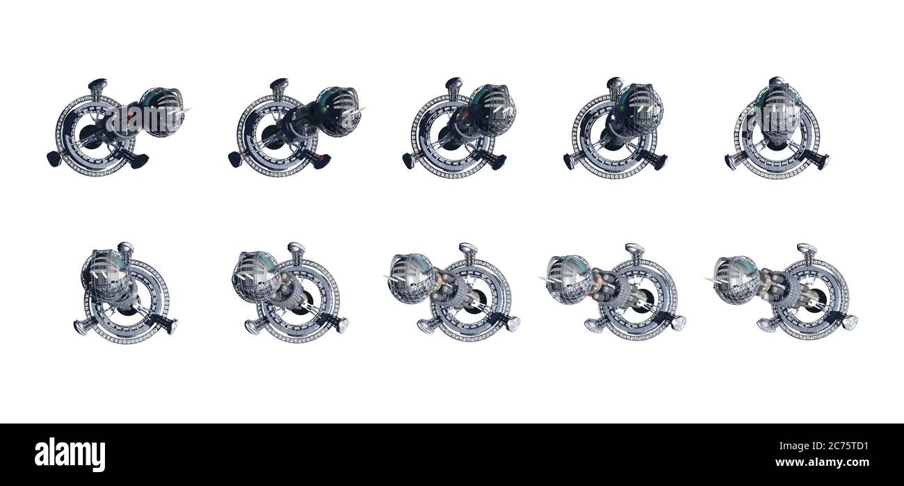 Collage von Raumschiff-Instanzen isoliert auf weiß Stockfoto