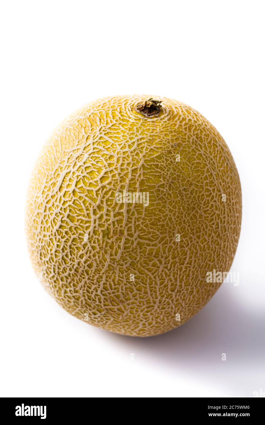 Cantaloupe gelbe Melone Frucht isoliert auf weißem Hintergrund Stockfoto