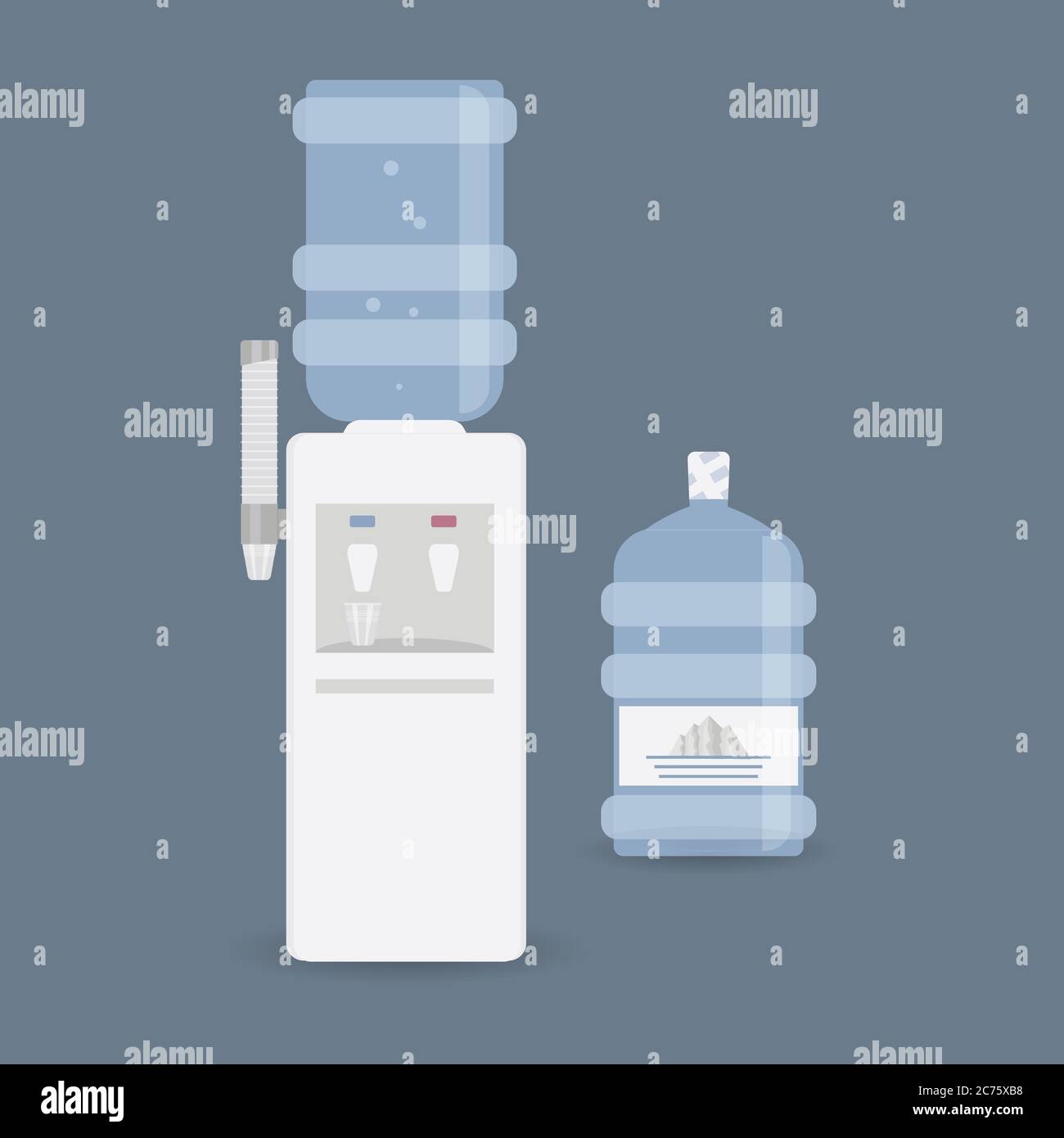 Bodenwasserkühler mit Glashalter für Büro und Zuhause. Plastikflasche. Wasserspender mit blauer voller Flasche, sowie heiß- und Kaltwasserhähne. Isol Stock Vektor