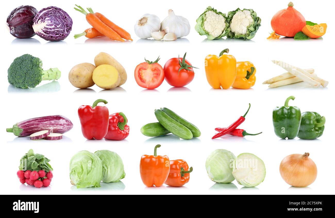 Sammlung von Gemüse Tomaten Karotten Salat Kürbis frische Lebensmittel Gemüsekartoffeln auf weißem Hintergrund isoliert Stockfoto Sammlung von Gemüse Tomaten Karotten Salat Kürbis frische Lebensmittel Gemüsekartoffeln auf weißem Hintergrund isoliert Stockfoto