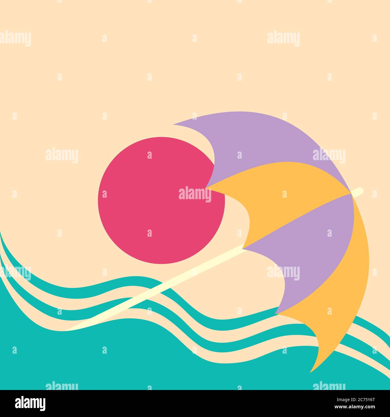 Sommerurlaub Poster Konzept. Stock-Vektor. Wasserrutsche am Strand mit Palmen und Sonnenschirmen. Draufsicht. Stock Vektor