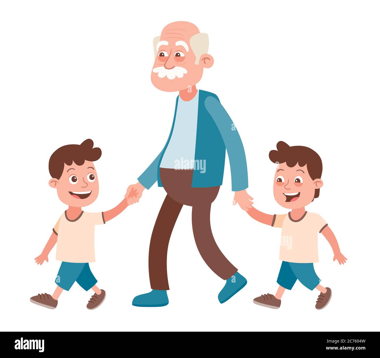Großvater mit seinen Enkelkindern, die gehen, nimmt er sie an der Hand. Zwei Jungen, Zwillinge. Cartoon-Stil, isoliert auf weißem Hintergrund. Vektorgrafik Stock Vektor