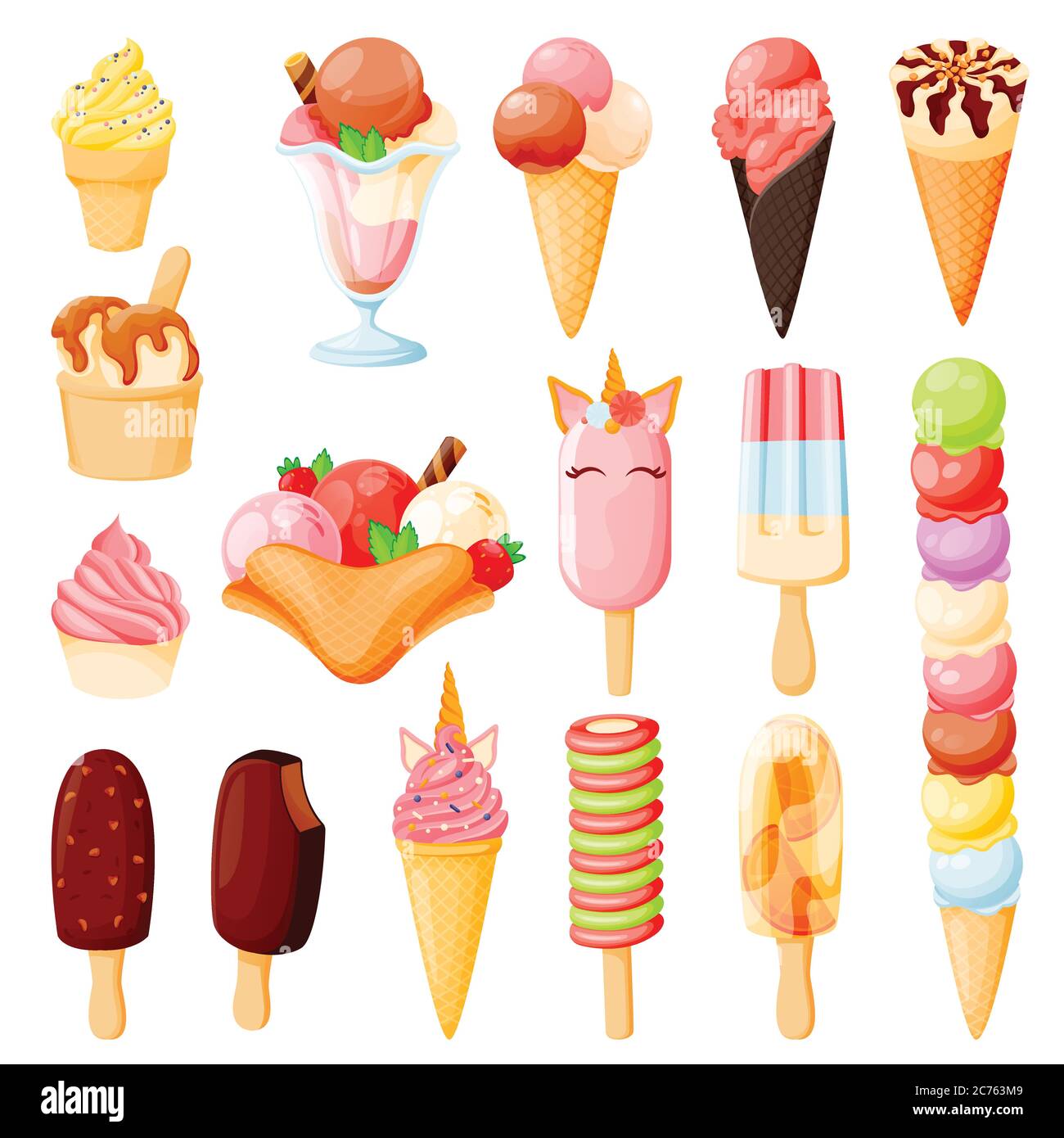 Bunte Eis Kegel Symbole Set. Vektor Cartoon Lebensmittel Illustration. Sommer Dessert Snacks Sammlung. Süße Design-Elemente, isoliert auf weißem Hintergrund Stock Vektor