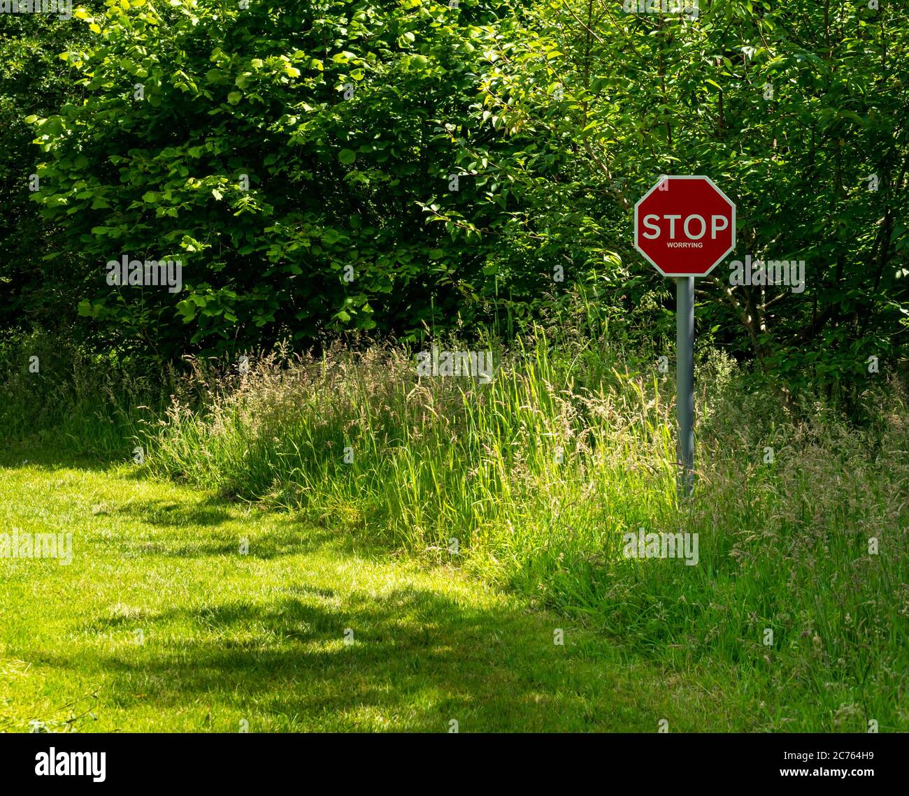 Schrullige Kunstwerke Stoppen Sie sich Sorgen Warnschild auf grasbewachsenen Landweg, Gifford, East Lothian, Schottland, Großbritannien Stockfoto