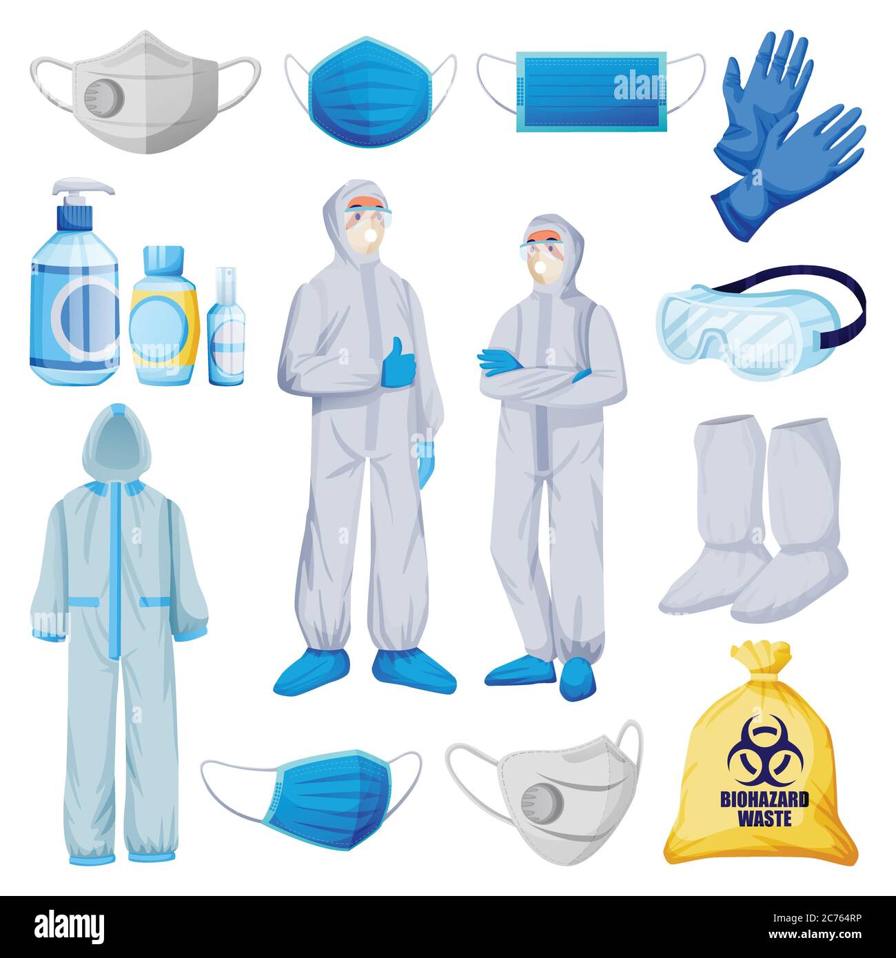 Medizinische persönliche Schutzausrüstung vor Virusinfektion, Verschmutzung. Vektor-Illustration von Schutzkleidung, isoliert auf weißem Hintergrund. Fläche m Stock Vektor