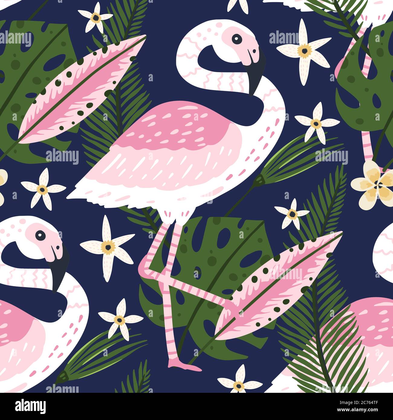 Tropisch weiß Flamingo Vogel nahtlose Sommer Muster. Exotische reich verzierte Vektor-Tapete mit rosa wilden Tieren und Dschungel floralen Illustrationen auf einem rosa Hintergrund. Stock Vektor