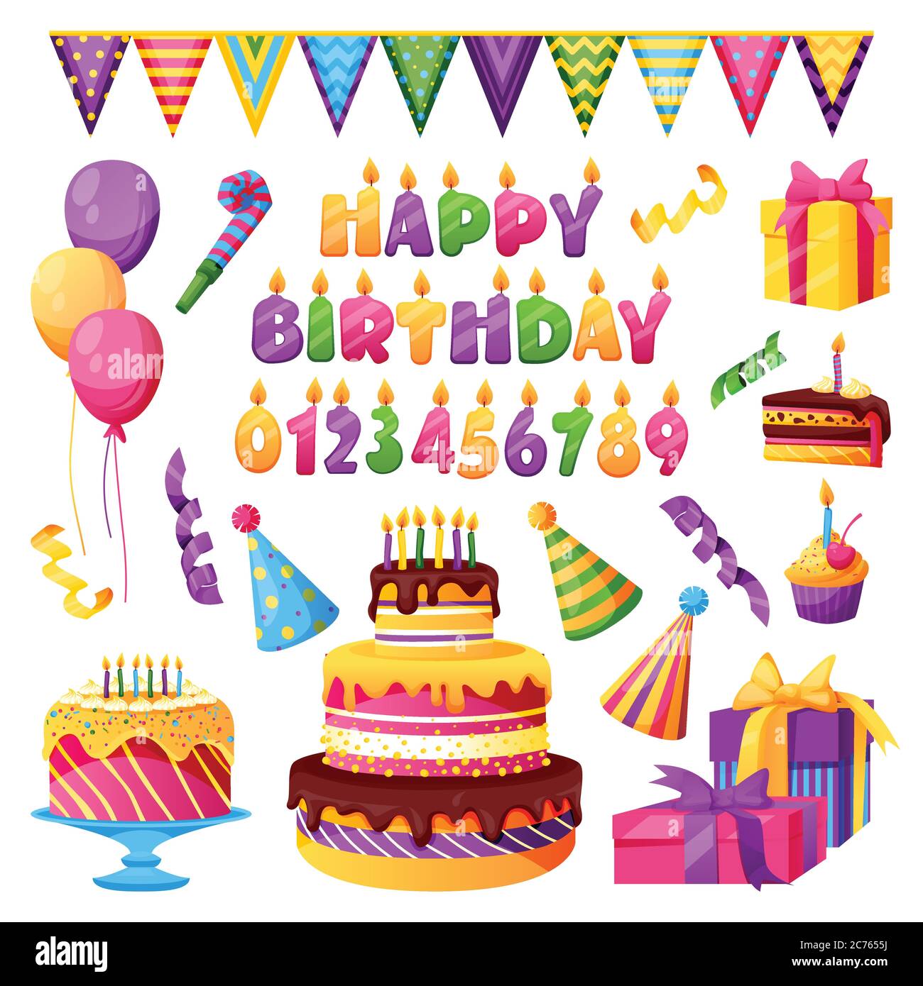 Geburtstagsfeier, Feiertagsdekor. Vektorsymbole. Kerzen mit Zahlen, Happy Birthday Briefe, Geschenk, Kuchen, Ballons, isoliert auf weißem Backgro Stock Vektor