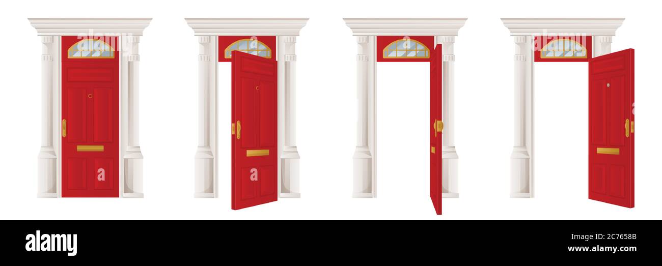 Geschlossen und offen klassische Holz rote Tür-Set, isoliert auf weißem Hintergrund. Haus Eingang und Ausgang, Innenarchitektur Element. Vektor flach Cartoon illu Stock Vektor