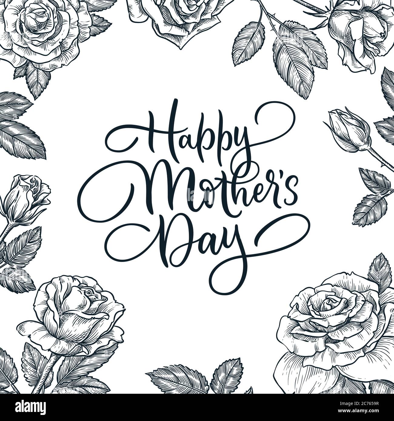 Happy Mothers Day Grußkarte Dekoration mit handgezeichneten Urlaub Kalligraphie Schriftzug. Quadratischer Rahmen mit blühenden Rosen Blumen und Blättern. Vektor s Stock Vektor