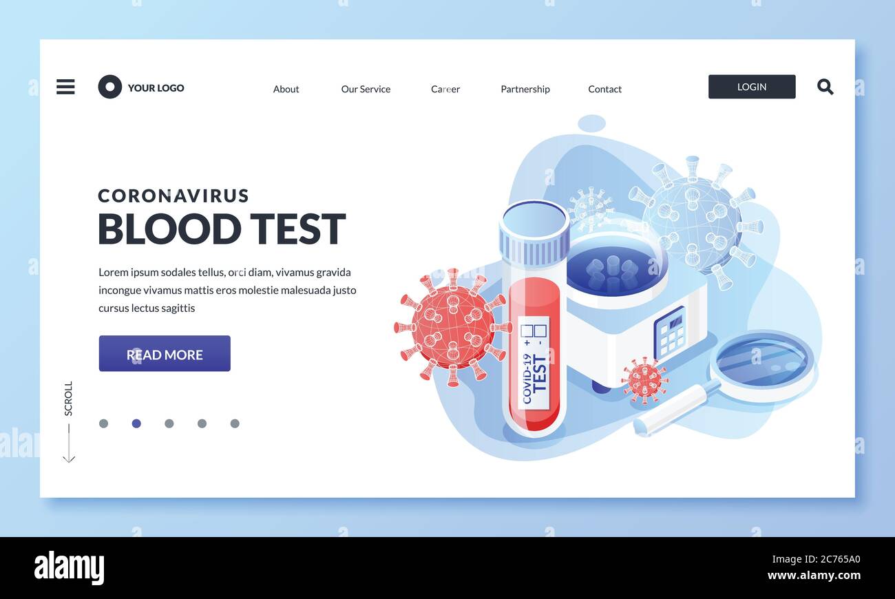 Positiver oder negativer Coronavirus-Bluttest. Vektor 3d isometrische Darstellung von Probenlaborkolben, Zentrifuge und Covid-19 Viren. Medizinisches Labor Stock Vektor