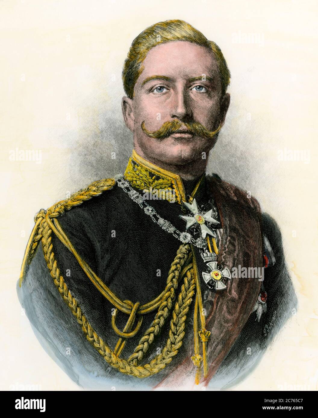 Deutscher Kaiser Wilhelm II., bekannt als "der Kaiser". Handkolorierter Holzschnitt Stockfoto