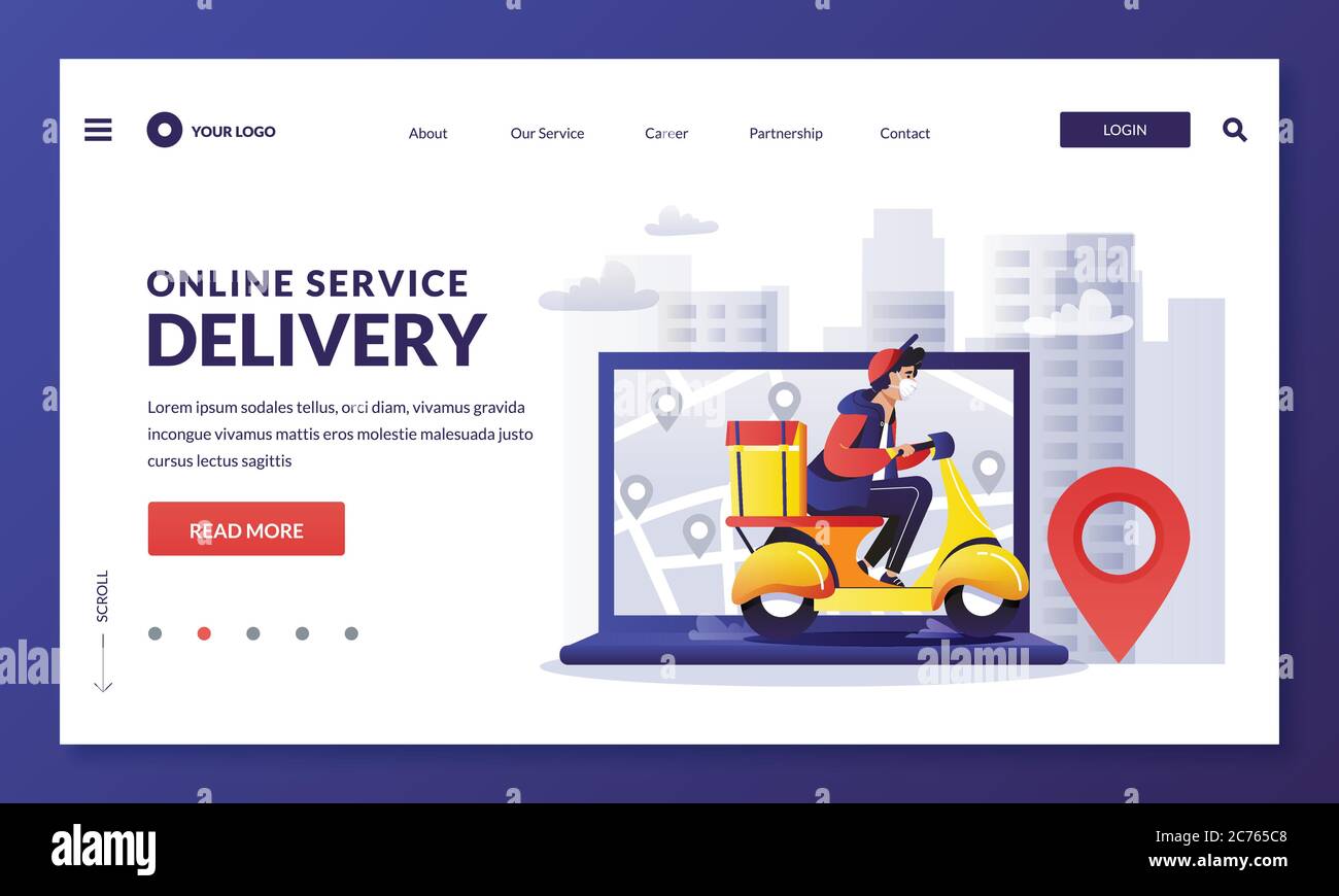 Kurier in medizinischen Schutz Maske Fahrten Roller mit Paket. Home Lieferung Online-Service, Banner Design Vorlage. Junger Mann trägt Postkarton Stock Vektor