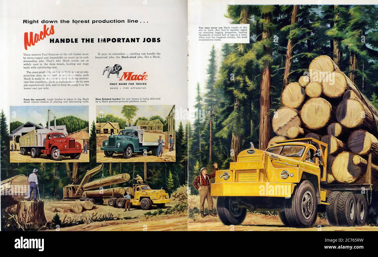 Mack Trucks von 1956 - Oldtimer-Werbung Stockfoto