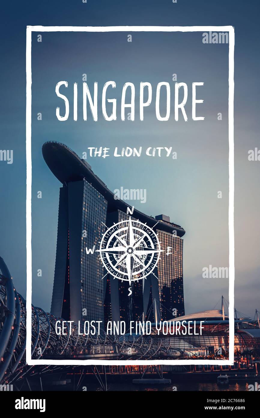 Singapur, die Löwenstadt. Trendiges Reisedesign, inspirierende Textkunst, Stadtbild Marina Bay Gebäude Wahrzeichen. Touristisches Abenteuer Konzept, Kompass sym Stockfoto