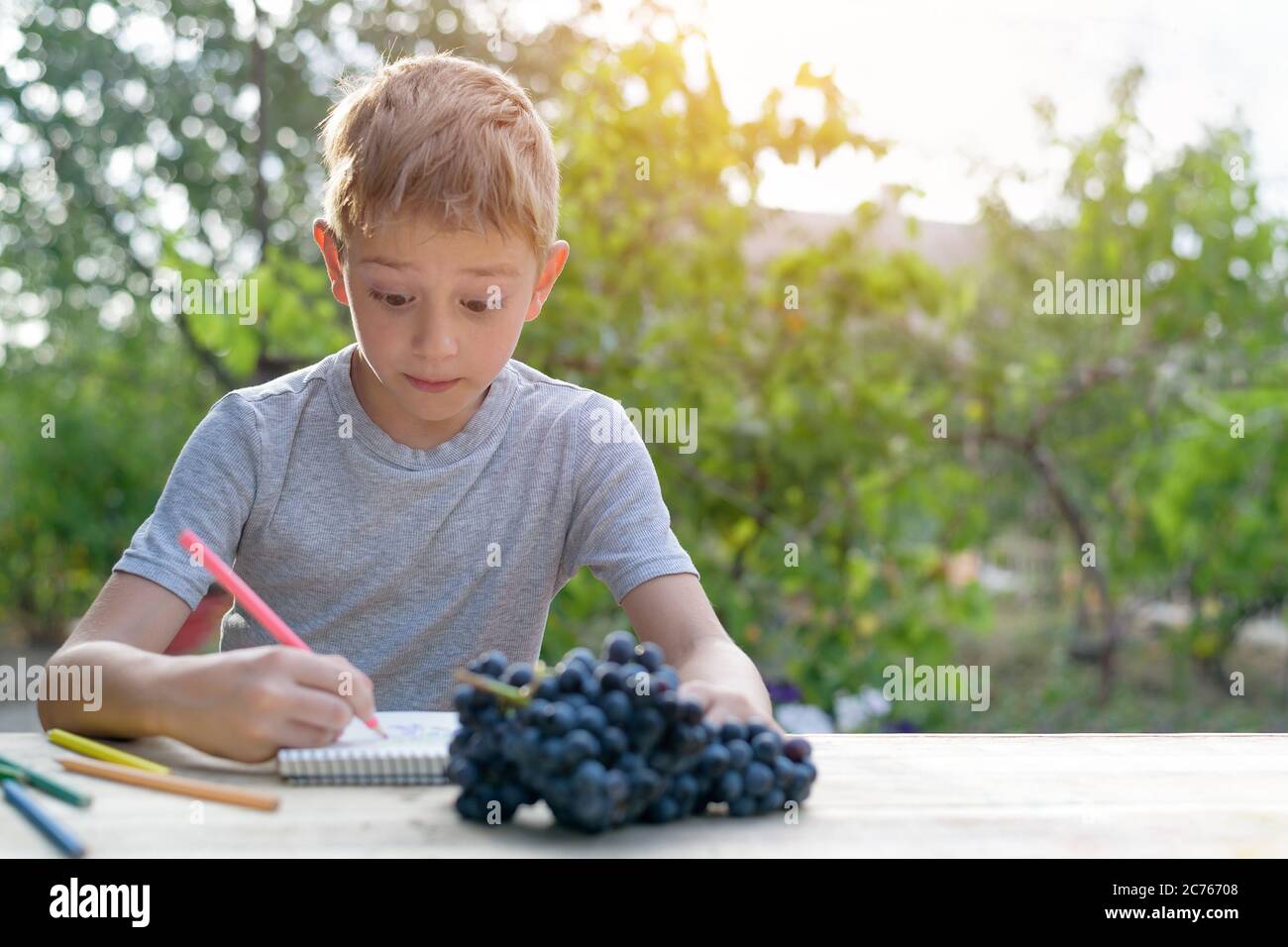 Niedlichen Jungen zeichnet mit Bleistiften Stillleben. Open Air. Garten im Hintergrund. Kreatives Konzept. Stockfoto