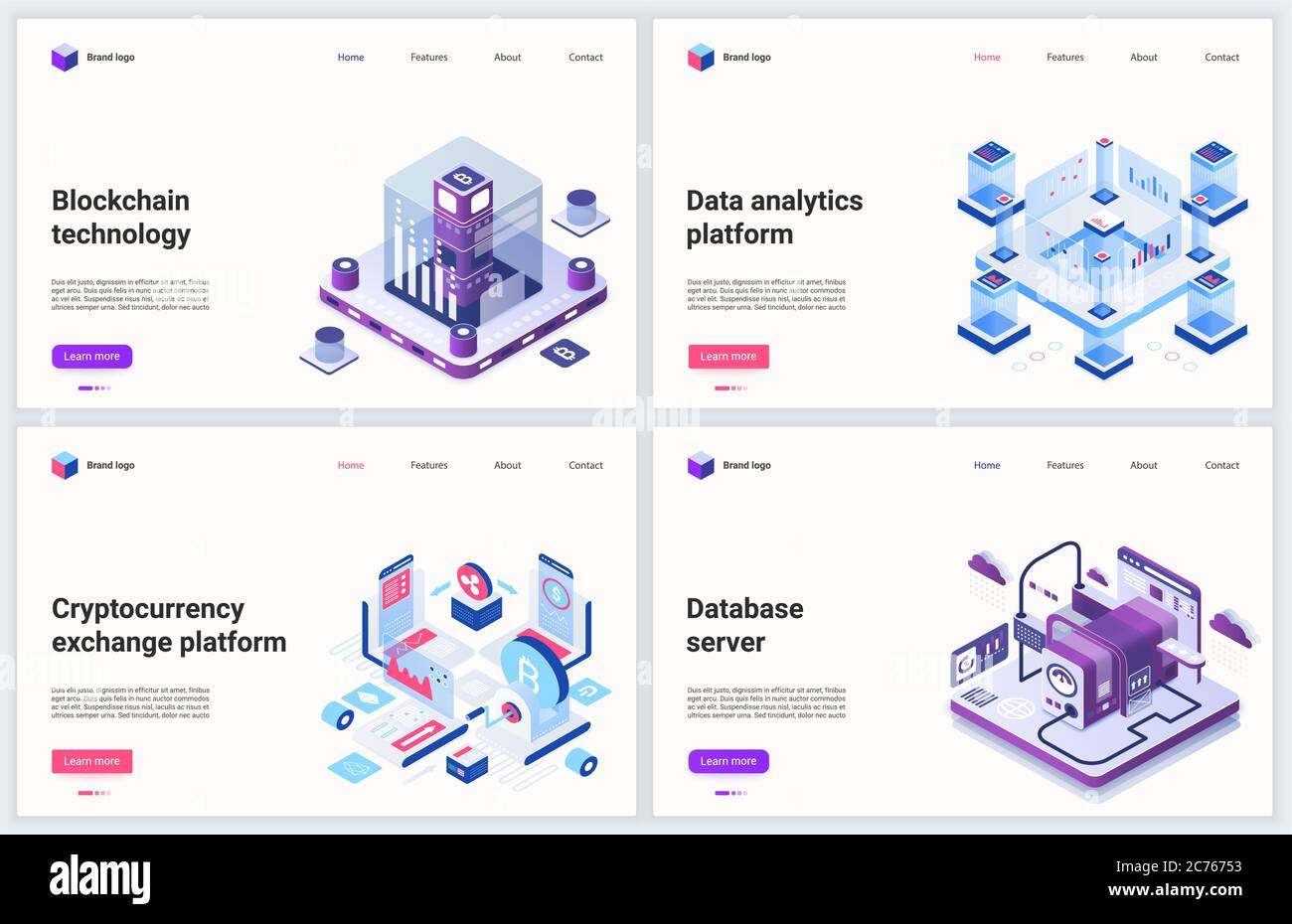 Isometrische Blockchain Kryptowährung Mining Technologie Vektor Illustration. Kreatives Konzept Banner-Set, Website-Design mit Cartoon 3d Block Kette digitale Geld Bergmann Farm, Transfer Exchange Markt Stock Vektor